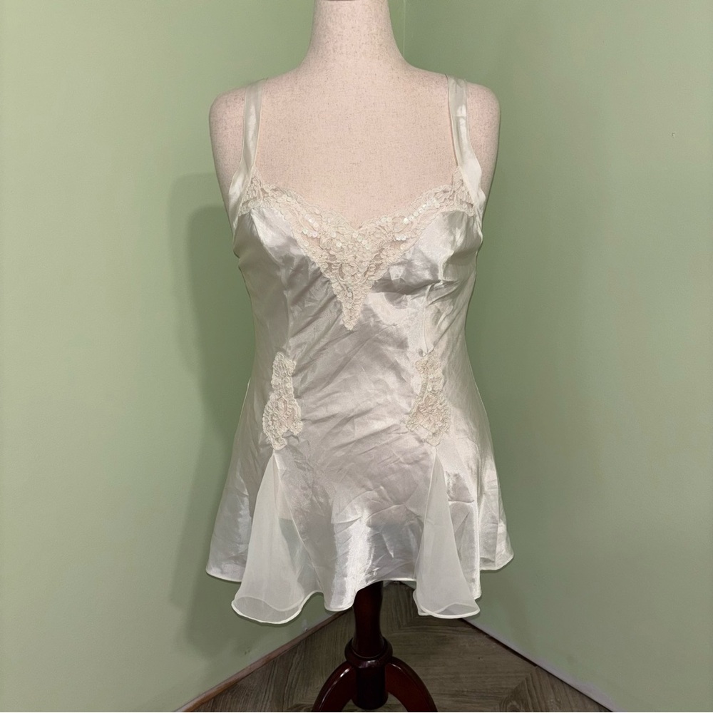 VTG Victoria’s Secret White Satin Mini Slip Dress Sequin 90s Fairy Women’s Sz L